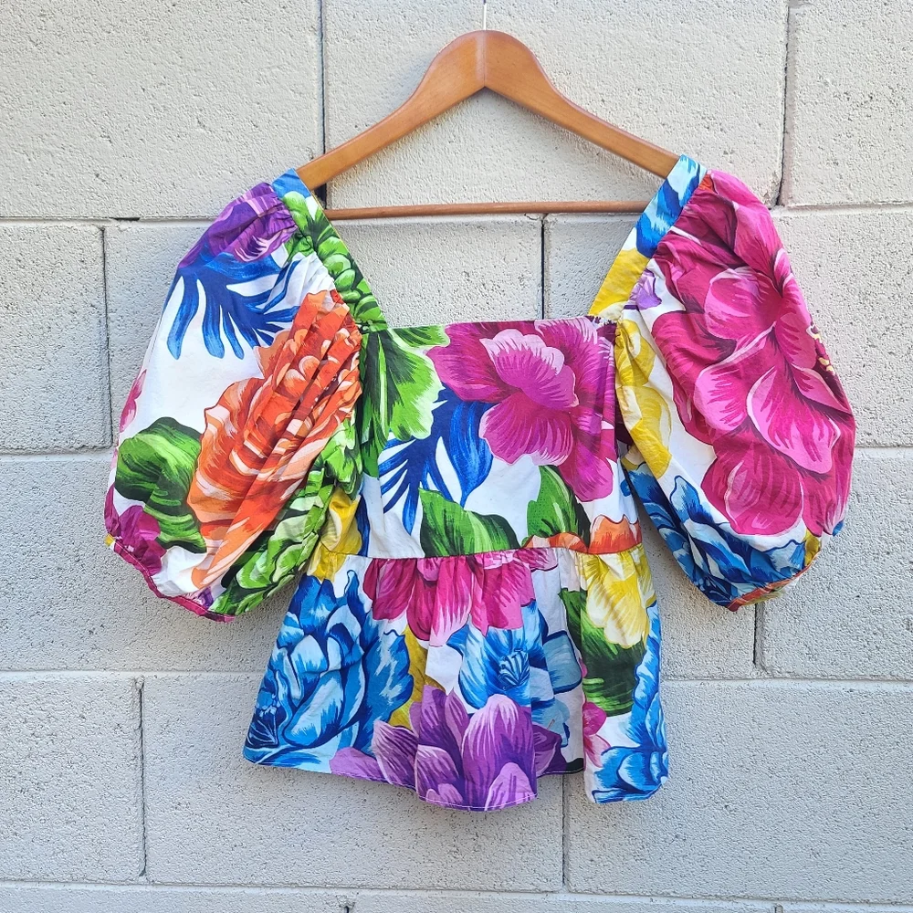 FARM RIO | Rainbow Chita Empire Waist Puff Sleeve Blouse Size Small